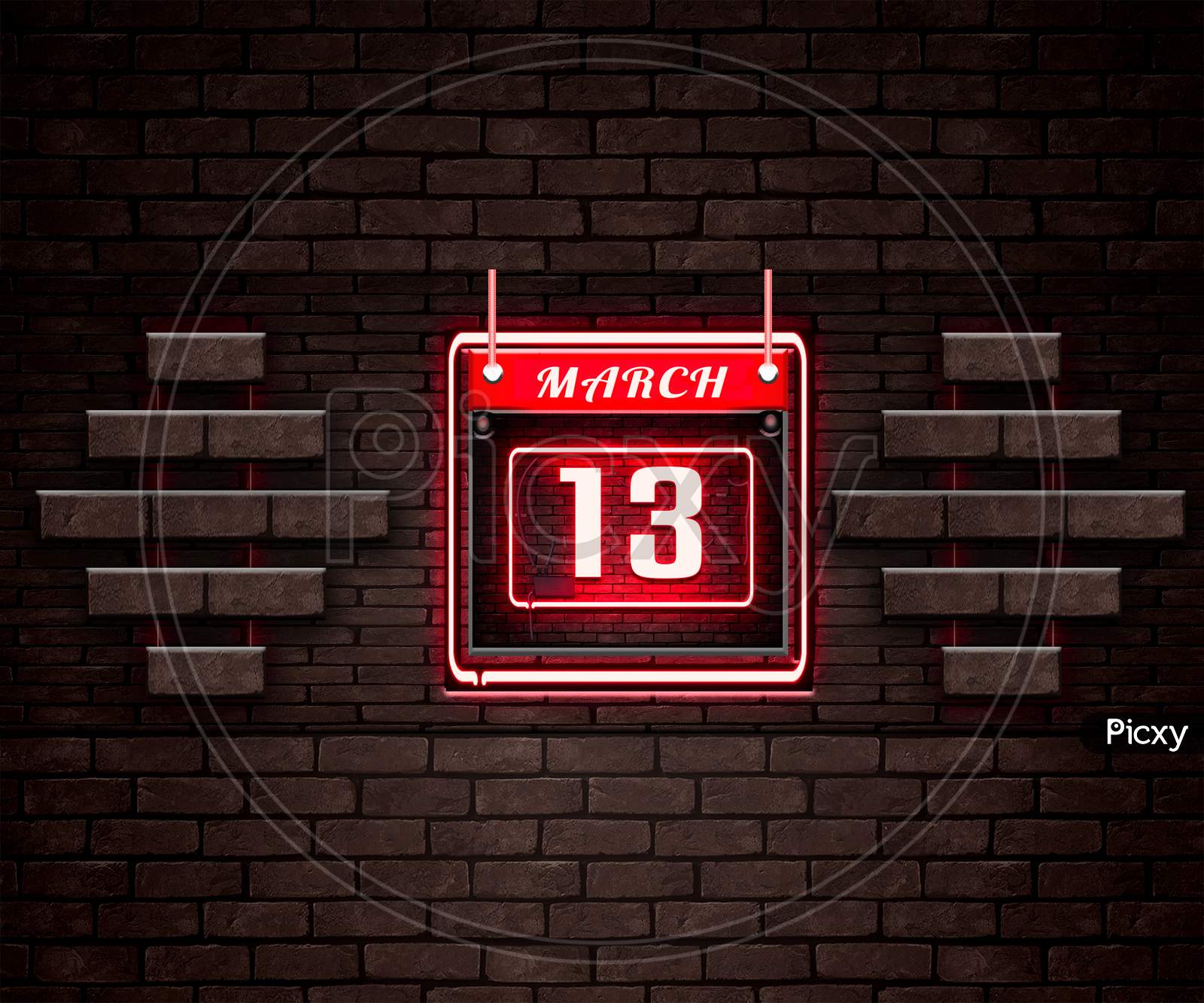 13 March, Monthly Calendar On Bricks Background