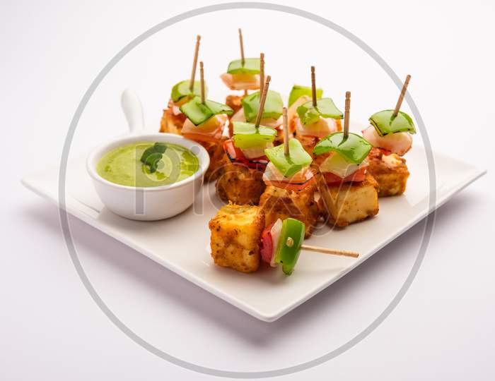 Indian Starter Snack Paneer Tikka With Spices Served With Green Chutney
