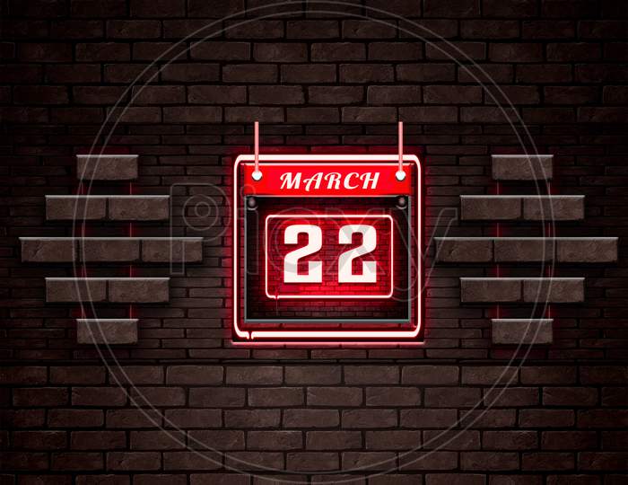 22 March, Monthly Calendar On Bricks Background