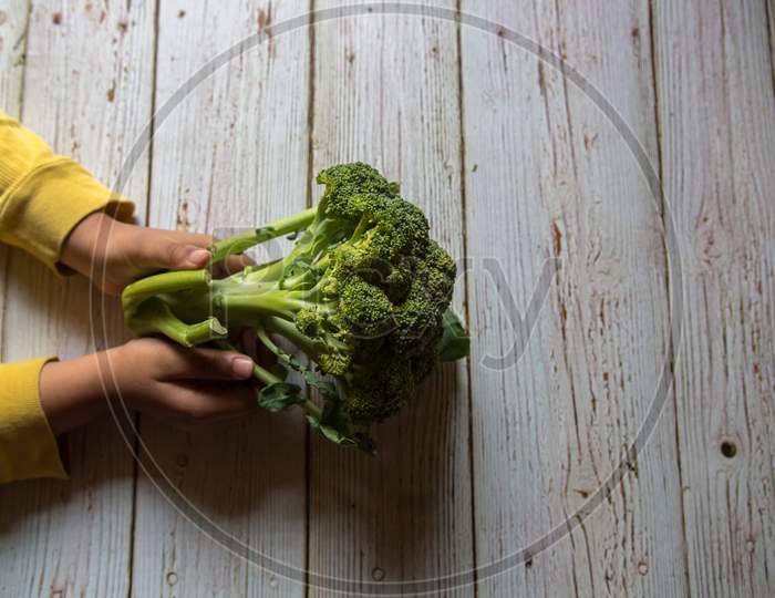 Close up of a hand holding broccoli