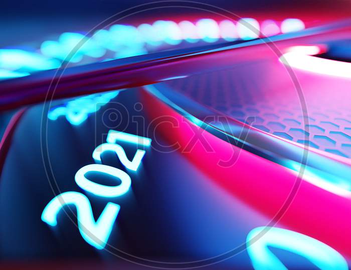 3D Illustration Close Up Black Speedometer With Cutoffs 2021. The Concept Of The New Year And Christmas In The Automotive Field. Counting Months, Time Until The New Year