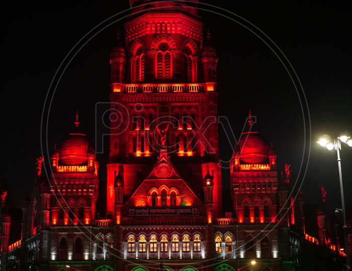 Bmc Municipal Building A Unesco World Heritage Site In Mumbai Decorated/Illuminated In India Flag Color Lights
