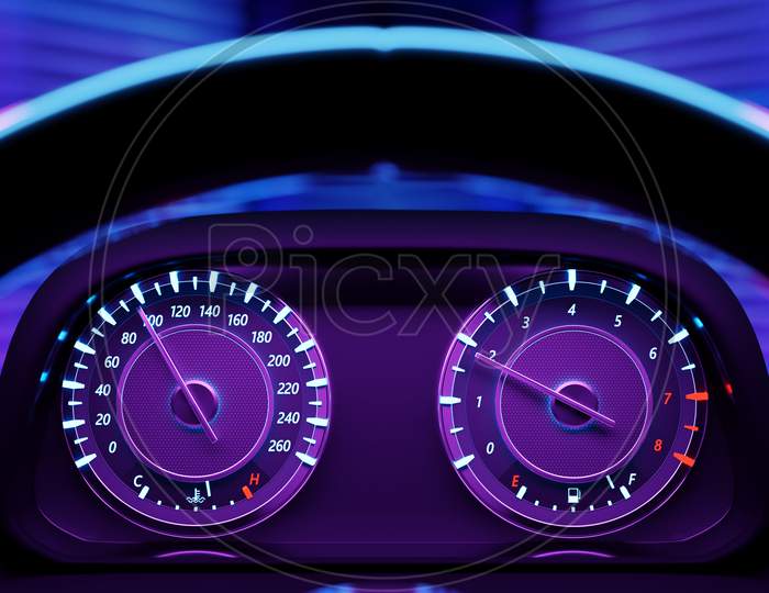 3D Illustration Of The Sign And Symbol On Car Dashboard. Car Speedometer And Tachometer  Closeup Under Purple Neon Lights.