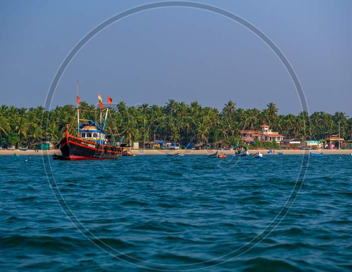Tourist Boats And Blue Sea With Beautiful Coast Of Indian Ocean, Tarkarli Beach Famous Tourist Destination