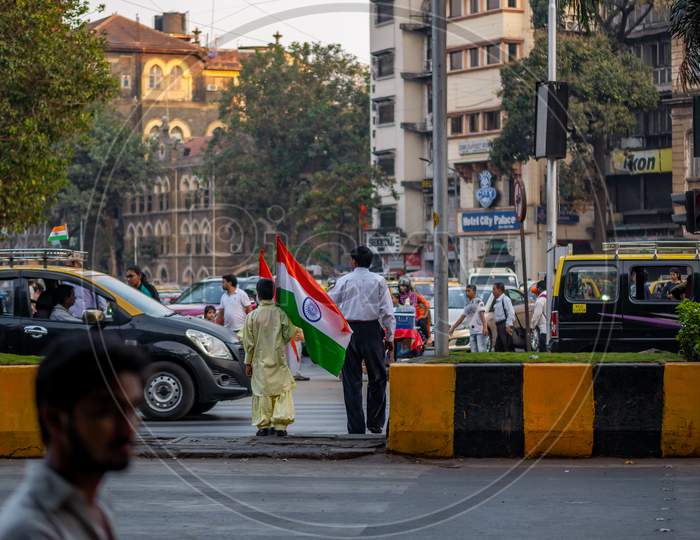 Kids Carrying Indian Tricolor Flag On A Streets Of Mumbai On Republic Day Of India