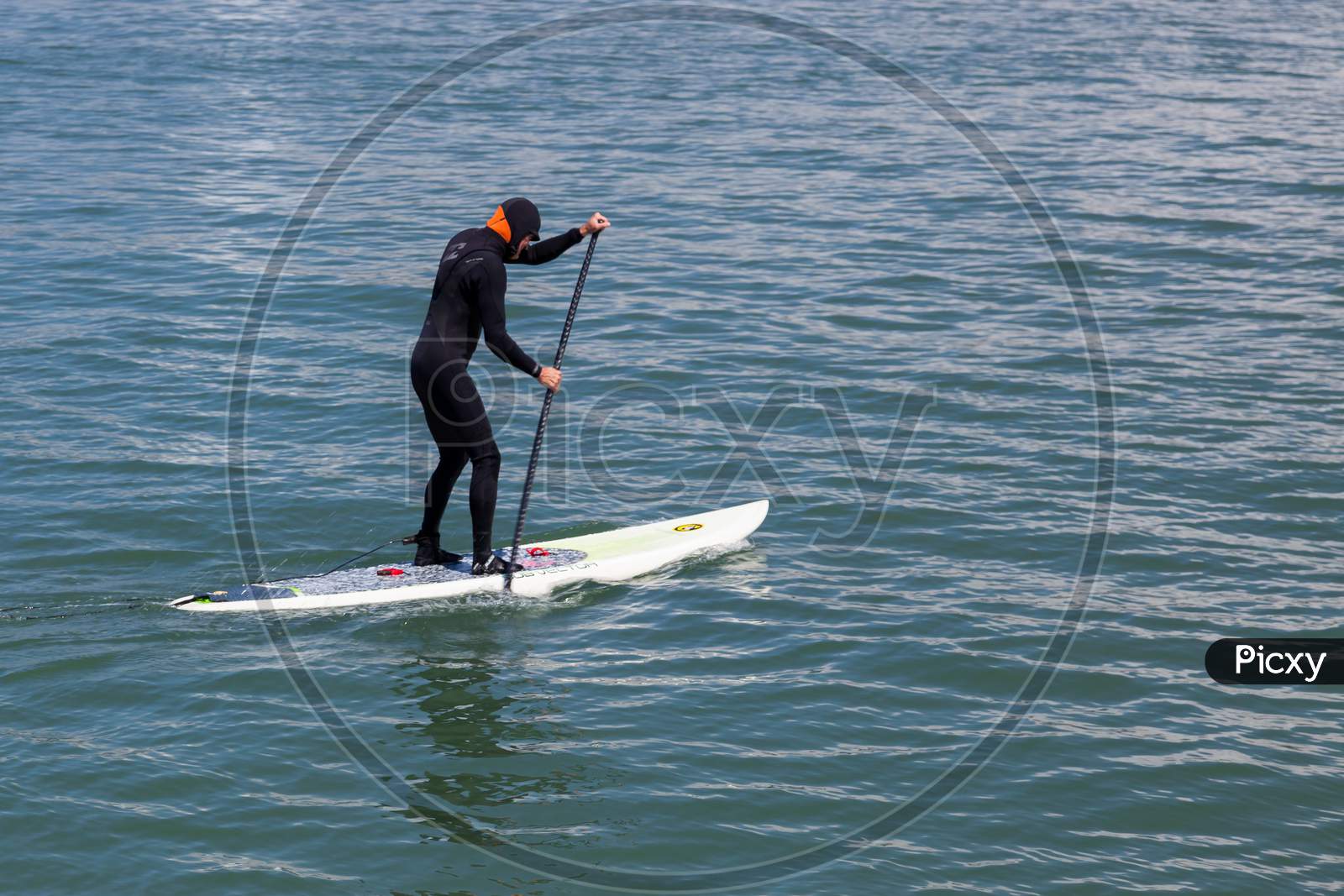 Paddling Surf Board Out Of Sausalito Marina