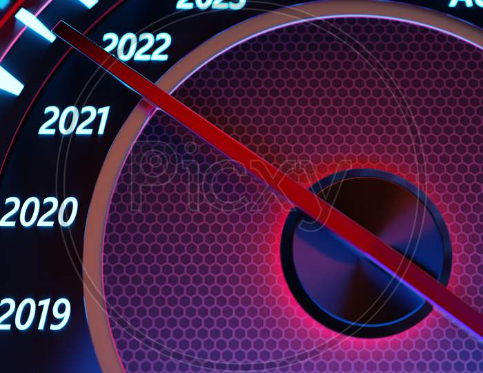 3D Illustration Close Up Black Speedometer With Cutoffs 2020,2021. The Concept Of The New Year And Christmas In The Automotive Field. Counting Months, Time Until The New Year