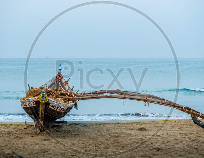 Traditional Indian Fishing Boat At The Beach Of Maharashtra