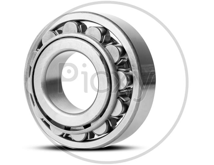 Metal Silver Ball Bearing With Balls On White  Isolated Background. Bearing Industrial. This Part Of The Car