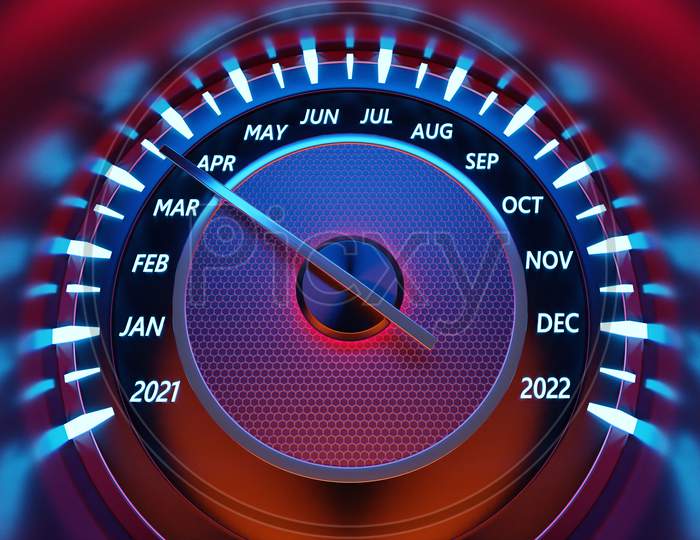 3D Illustration Of The Dashboard Of The Car Is Illuminated By Bright Illumination. Circle Speedometer  Under Red And Blue Neon Color