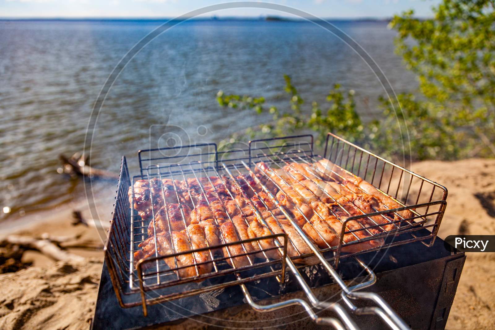 Chiken On The Grill Against The Background Of The Sea And The Beach- Paleo Food Photography.Delicious Chiken Steak, Hot Barbecue Grill.Roasted Chiken Leg Grilled, Bbq. Barbecue, Picnic In Nature