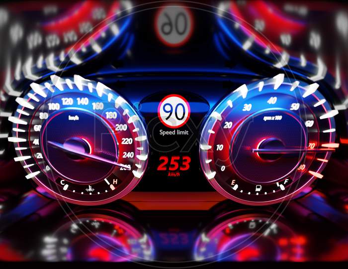 3D Illustration Close Up Black Car Panel, Digital Bright Speedometer In Sport Style. The Speedometer Needle Shows A Maximum Speed Of 260 Km / H