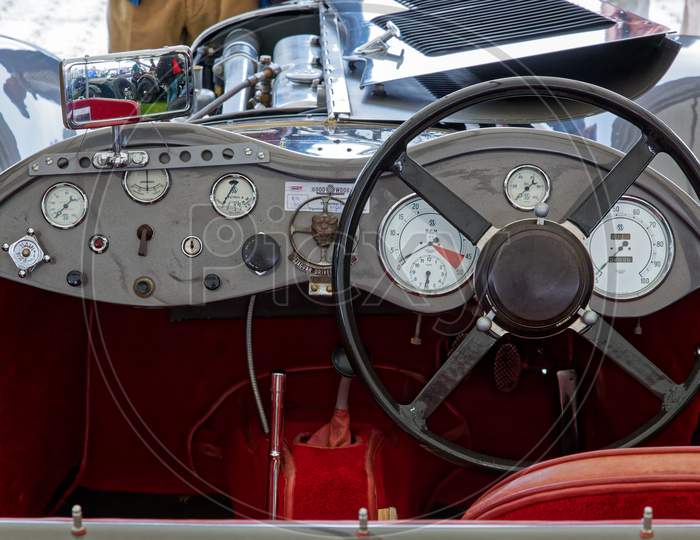 Goodwood, West Sussex/Uk - September 14 : Cockpit Of Old Vintage Jaguar At Goodwood In Sussex On September 14, 2012