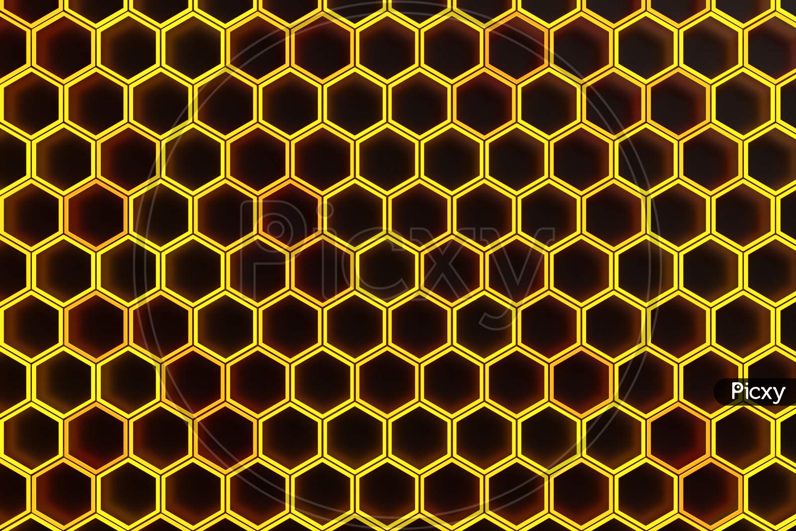 3D Illustration Of A Yellow Honeycomb Monochrome Honeycomb For Honey. Pattern Of Simple Geometric Hexagonal Shapes, Mosaic Background. Bee Honeycomb Concept, Beehive