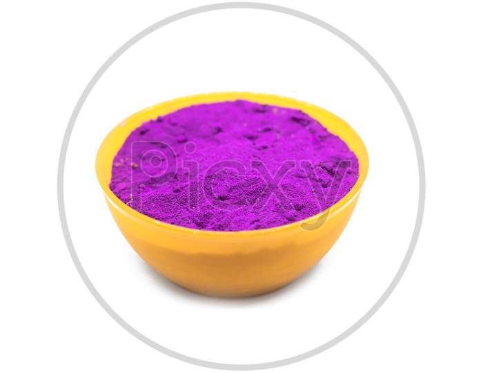 Colorful Traditional Holi Powder In Bowls Isolated On White Background.