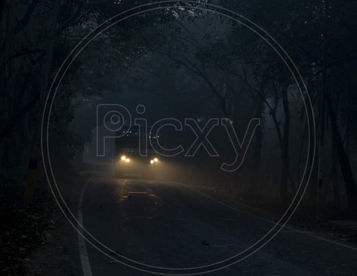 Vehicle Running On Road, Scary Dark Night In Forest