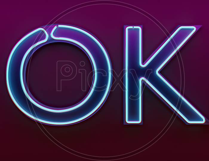 3D Illustration Neon Sign With The Words Ok.  Neon Light Glowing Ok  Button