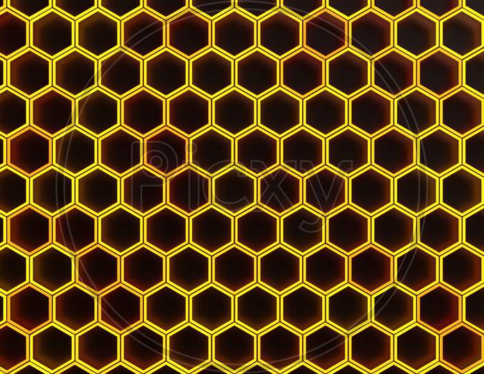 3D Illustration Of A Yellow Honeycomb Monochrome Honeycomb For Honey. Pattern Of Simple Geometric Hexagonal Shapes, Mosaic Background. Bee Honeycomb Concept, Beehive