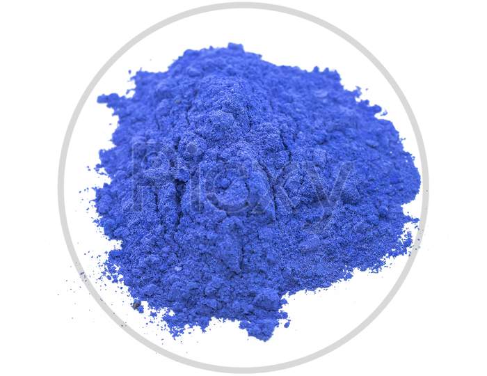 Piles Of Blue Color Powder For Indian Holi Festival On White Background.