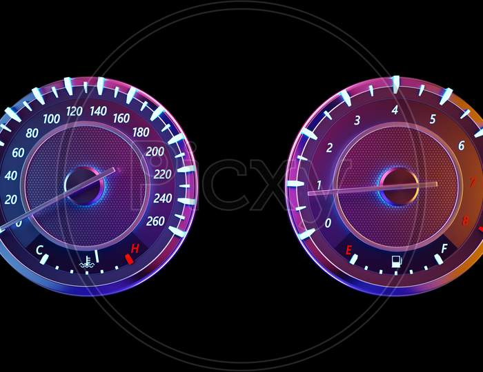 3D Illustration Of The Close Up Instrument Automobile Panel With Odometer, Speedometer, Tachometer Under Pink Neon Lights