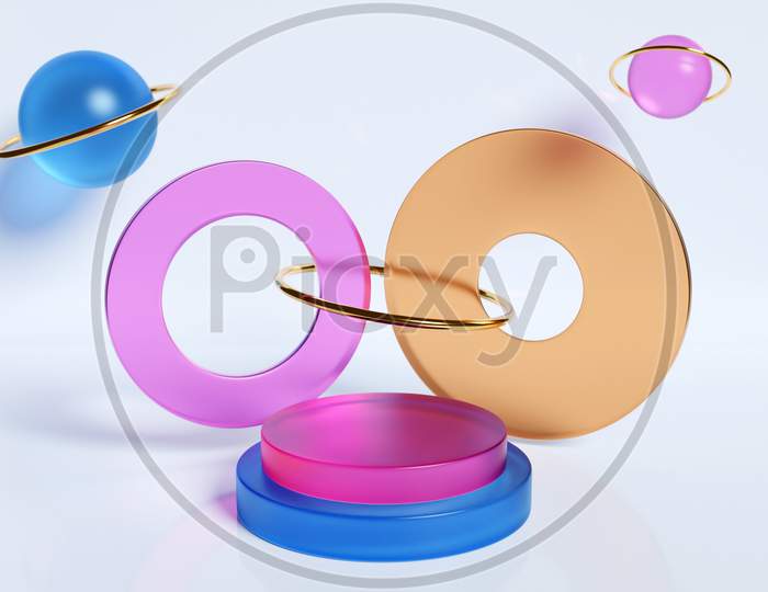 3D Illustration Of A Colorful Circle Podium Stand On The Background Of A Geometric Composition. 3D Rendering. Minimalism Geometry Background