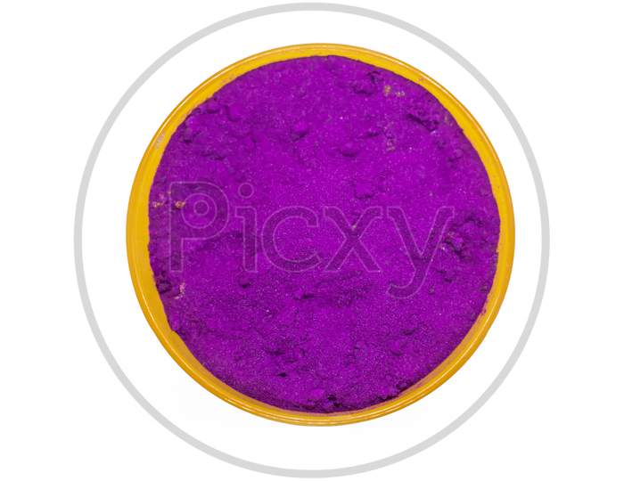 Top View Of Holi Colorful Traditional Holi Powder In Isolated Bowls On A White Background.