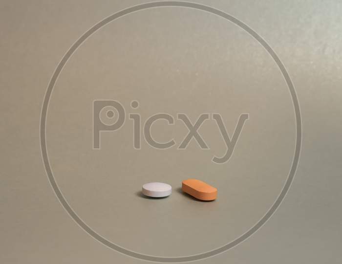 Pills On Neutral Background. Drugs For Use In Humans Legally.