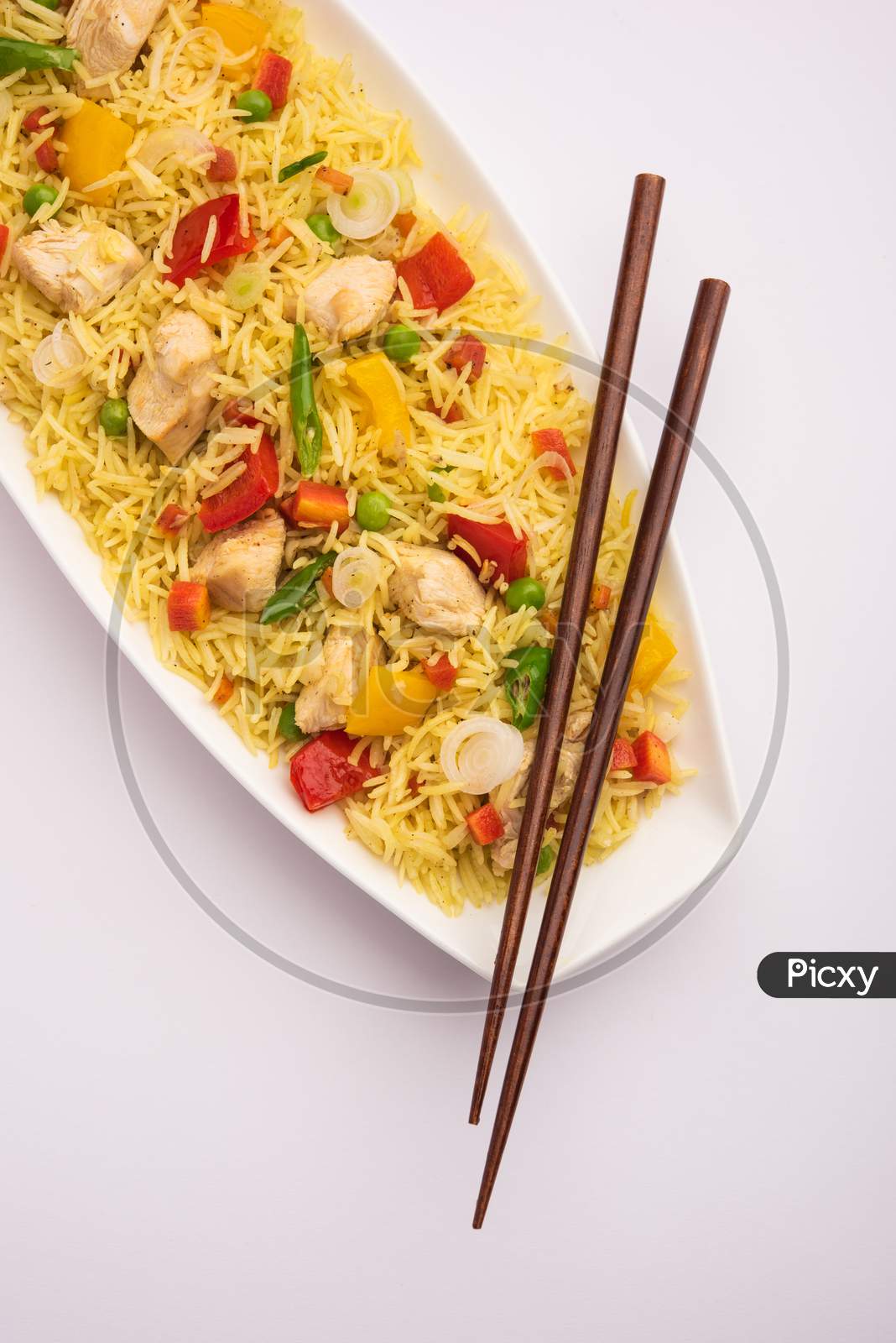 Indian Chinese Fried Rice With Chicken Served In A Bowl