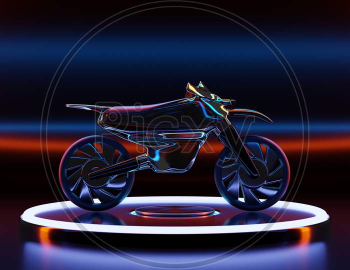 3D Illustration Of A Black  Motorcycle On Podium In A  Glowing Neon  Room . 3D Rendering. Futuristic High-Tech Motorcycle