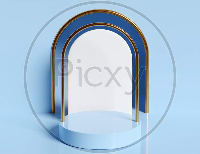 3D Illustration Of A Scene From A Circle With Round Arch At The Back On A  Blue Background. A Close-Up Of A Blue Round Monocrome Pedestal.