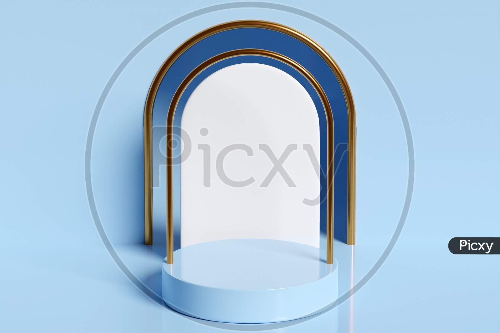 3D Illustration Of A Scene From A Circle With Round Arch At The Back On A  Blue Background. A Close-Up Of A Blue Round Monocrome Pedestal.