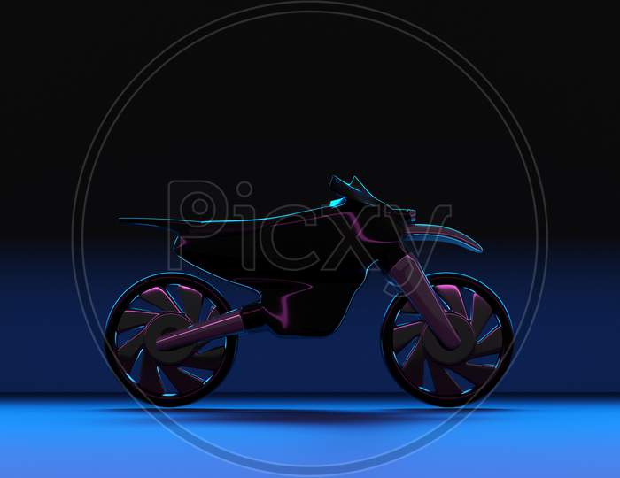 3D Illustration Of A Black  Motorcycle In A  Glowing Neon  Room . 3D Rendering. Futuristic High-Tech Motorcycle