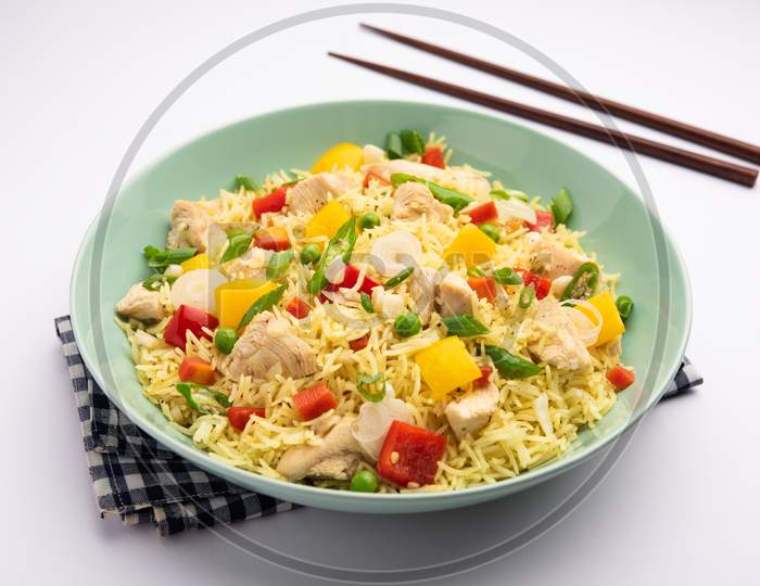 Indian Chinese Fried Rice With Chicken Served In A Bowl