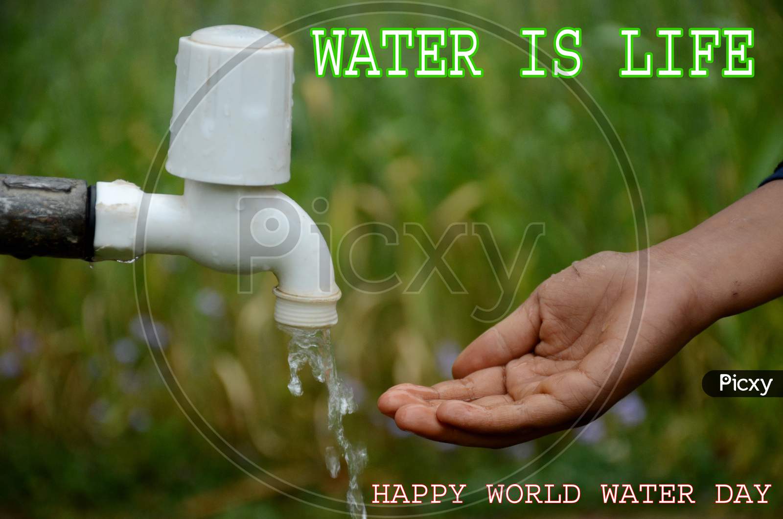 The White Tap Water With Hand Concept World Water Day Over Out Focus Green Background.