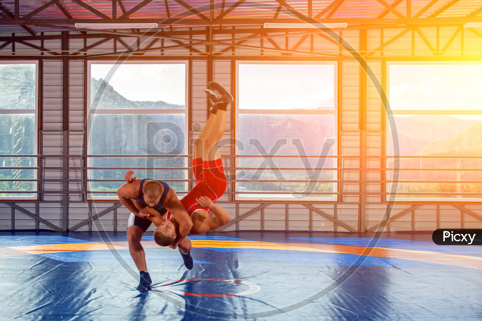 Two men in sports wrestling tights and wrestling during a traditional  Greco-Roman wrestling in fight on a wrestling mat. Wrestler throws his  opponent' Stock Photo - Alamy