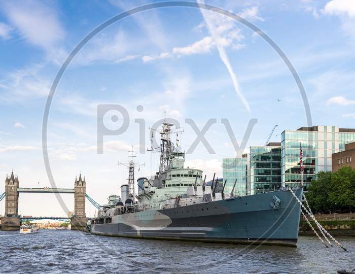 View Of Tower Bridge And Hms Belfast From The River Thames