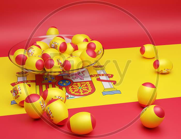 3D Illustration Of Balls With The Image Of The National Flag Of The Spain
 On An Isolated Background. State Symbol And Patriotic