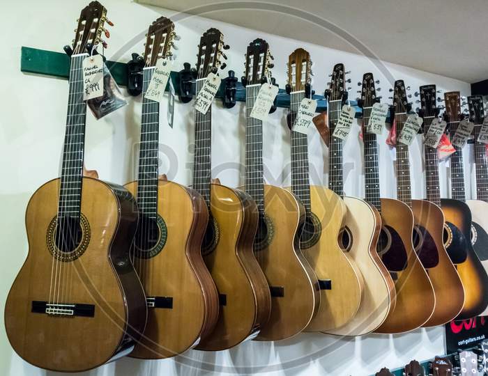 Guitars On Display In A Music Shop