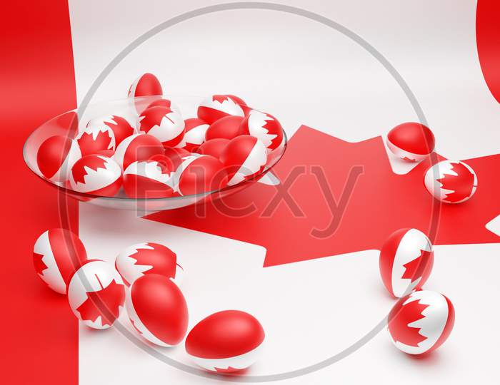 3D Illustration Of Balls With The Image Of The National Flag Of The Canada
 On An Isolated Background. State Symbol And Patriotic