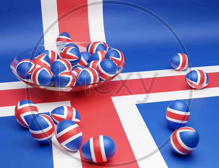 3D Illustration Of Balls With The Image Of The National Flag Of The Iceland On An Isolated Background. State Symbol And Patriotic