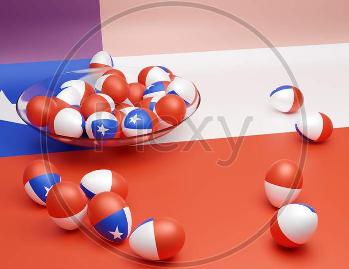 3D Illustration Of Balls With The Image Of The National Flag Of The Chile
 On An Isolated Background. State Symbol And Patriotic