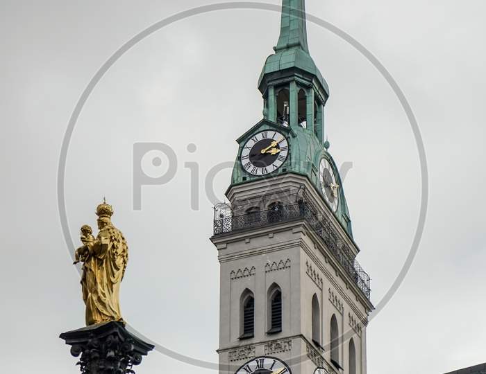 St Marys Column And St Peters Church In Munich
