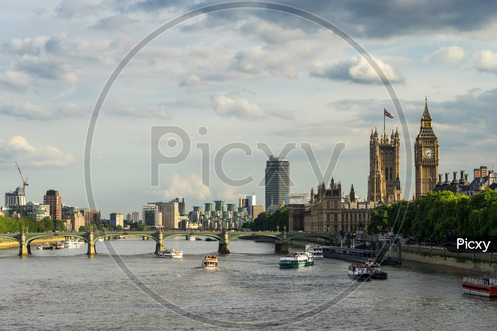 View Up The River Thames Towards Big Ben And The Houses Of Parliament