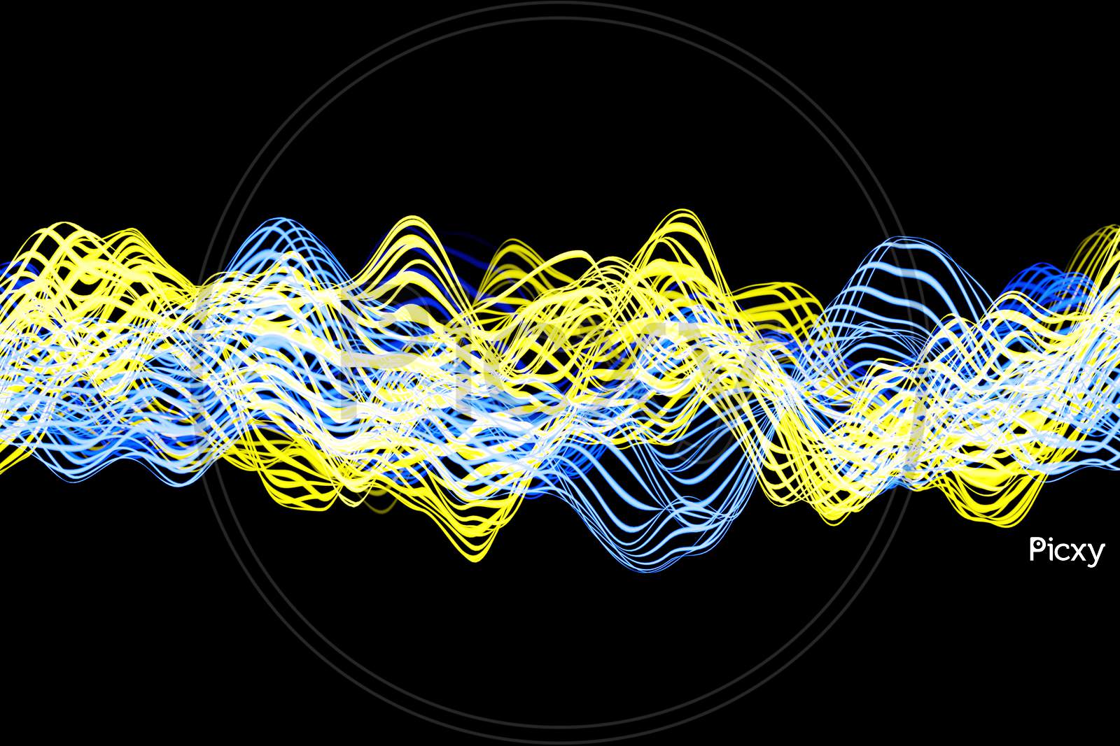 3D Illustration Of  Yellow And Blue Glowing Color Lines. Musical Line Equalizers On Black Isolated Background