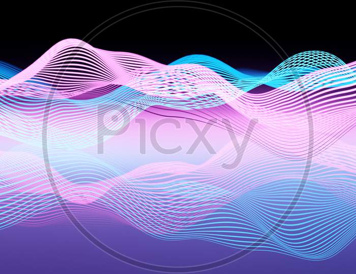 3D Illustration Of Pink And Blue Glowing Color Lines. Musical Line Equalizers On Black Isolated Background