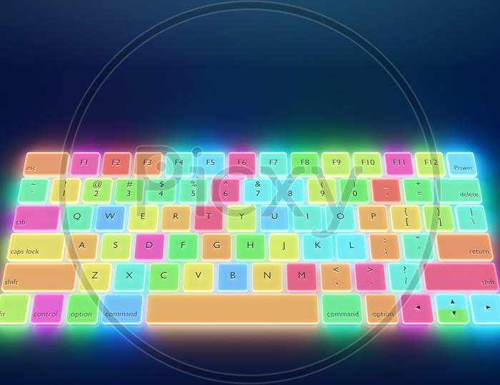3D Illustration, Close Up Of The Colorful  Realistic Computer Or Laptop Keyboard  On Black Background .  Gaming Keyboard With Led Backlit
