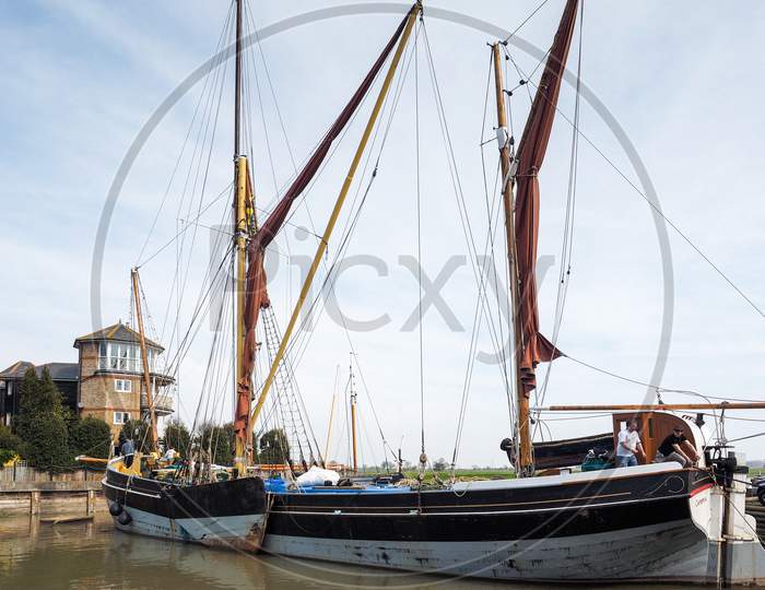 Faversham, Kent/Uk - March 29 : Close Up View Of The Cambria Restored Thames Sailing Barge In Faversham Kent On March 29, 2014. Unidentified People