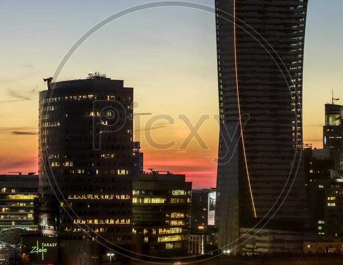 Sunset Over The Skyline In Warsaw