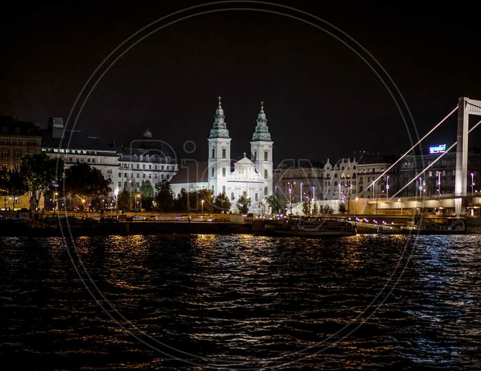 Szent Anna Templom Illuminated At Night In Budapest