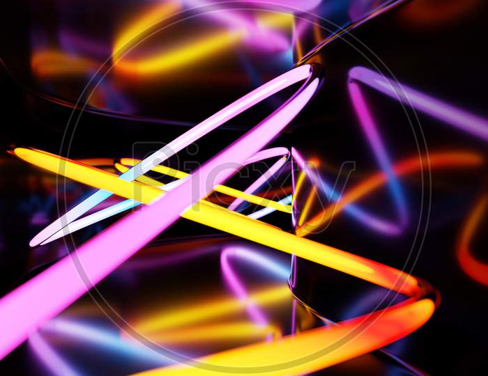 Abstract Rainbow Neon Glowing Crossing Lines Pattern. Dark  Background Of Colorful Neon Glowing Light Shapes.